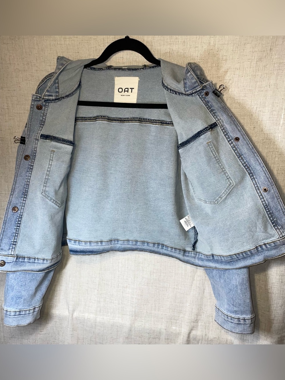 OAT New York Women’s S Hooded Cropped Denim Jacket Light Wash Boxy Relaxed Fit - Picture 5 of 13